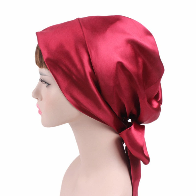 New Women Satin Night Cap Bowknot Sleep Hat Silk Chemo Caps Cancer Hats Long Tail Hair Bonnet Head Scarf Wrap Bandana Shower Cap